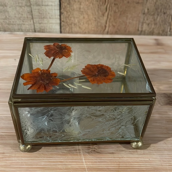 Other - Vintage Brass and glass with pressed flowers trinket box/music box